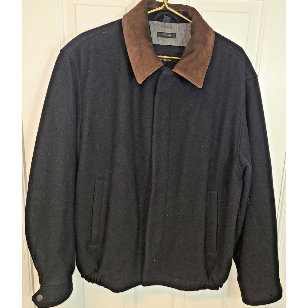 Mens Claiborne Outerwear 100% wool jacket black Sz L Suede leather collar